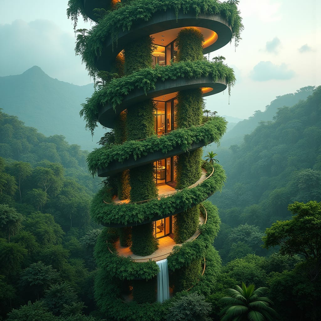 A majestic, twisting tower pierces the Jamaican rainforest canopy, its spiraling form ascending through lush tropical foliage. The exterior is enveloped in a vibrant, living green wall, with exotic plants and vines spilling down its curved façade. Inside, airy, circular spaces are linked by sweeping spiral ramps, evoking a sense of fluid motion. At the pinnacle, a rooftop observatory offers breathtaking, panoramic vistas of the island's emerald landscape, while a gentle waterfall flows through the tower's core, creating a serene ambiance.