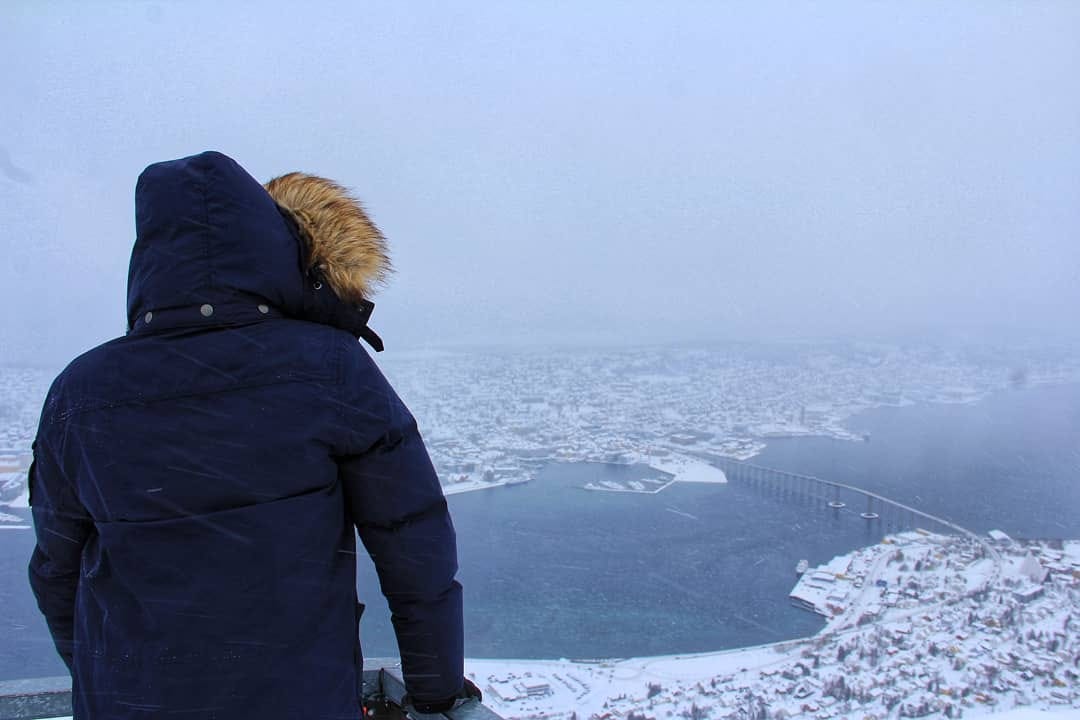 The author in a dark winter coat with fur-lined hood gazes out over a snow-covered coastal town and fjord from a high vantage point, surrounded by misty winter atmosphere The author in a dark winter coat with fur-lined hood gazes out over a snow-covered coastal town and fjord from a high vantage point, surrounded by misty winter atmosphere