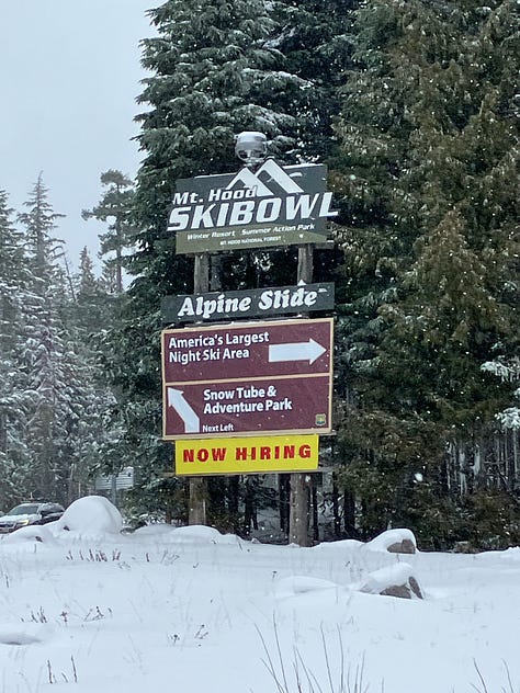 Photos of man throwing snowball, skibowl, picnic basket with soup, snowman, and Skyway restaurant and race car