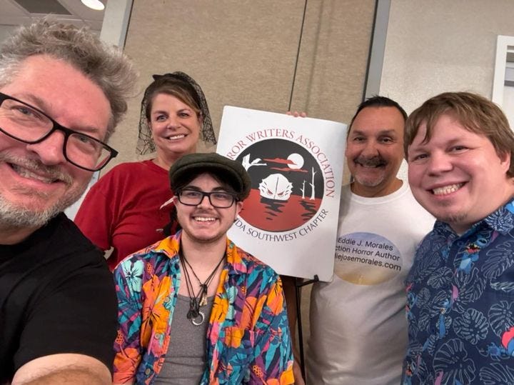 May be an image of 4 people and text that says 'WRITERS RORWRITERS SORIUTROAS า ASSOCI LVI ROR DA SOUTHWEST CHAPTER CHAPTTEA Eddie stion Eddie.Morales J. Morales Horror ejosemorales.com Author'