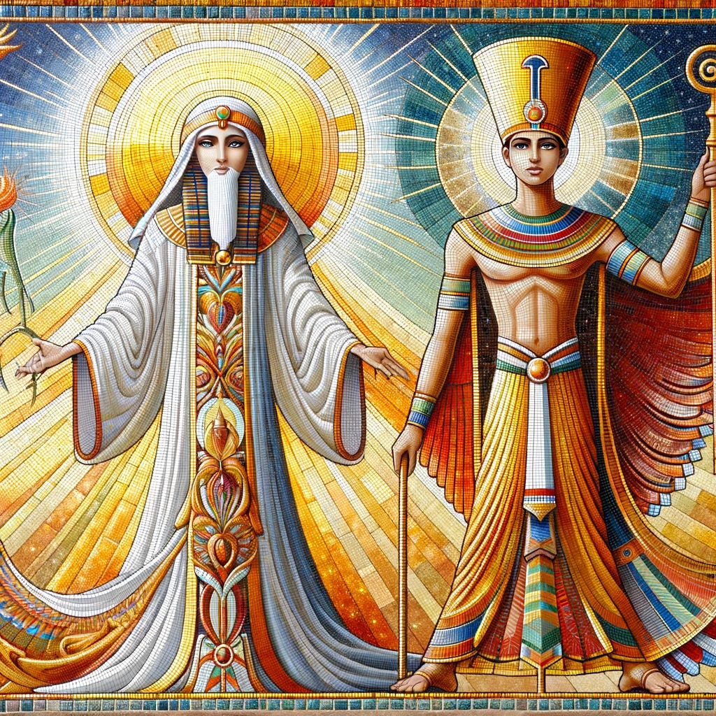A symbolic mosaic featuring two figures: the Pillar Saint and the Boy Pharaoh. The Pillar Saint is depicted as a serene, wise figure, standing tall and composed, with a flowing robe and a staff in hand. Light seems to emanate from the figure, suggesting wisdom and guidance. The Boy Pharaoh is portrayed as a young, royal figure, with a richly decorated headdress and traditional Egyptian attire, exuding a sense of youthful energy and royalty. Both figures are designed to complement each other, with the Pillar Saint symbolizing wisdom and guidance, and the Boy Pharaoh symbolizing youth and royalty. The mosaic is rich in color and detail, capturing the essence of both characters in a harmonious and artistic manner.
