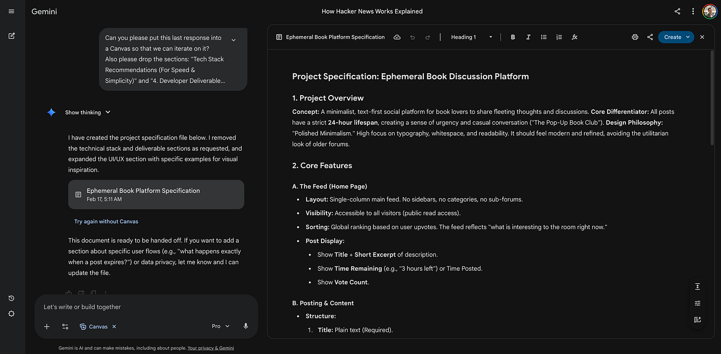 A split screen shows a chat interface on the left and a structured text document containing application features on the right. A split screen shows a chat interface on the left and a structured text document containing application features on the right.