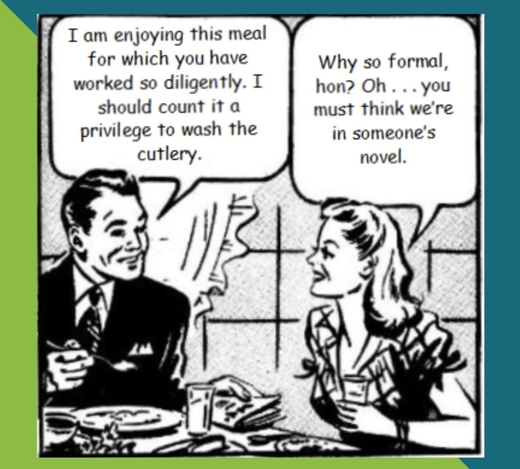 Cartoon image of a 1950s couple eating dinner speaking formally and unnaturally.