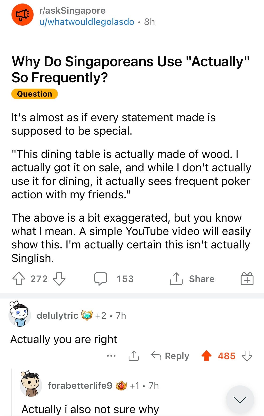 ‘Why Do Singaporeans Use "Actually"
So Frequently?’ thread on Reddit /r/askSingapore