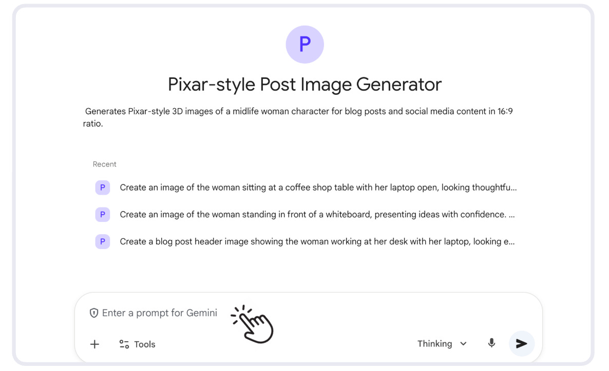 Pixar-style Post Image Generator Gem interface showing recent prompts for creating midlife woman character images