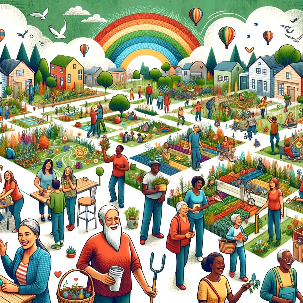 An illustration depicting the concept of Universal Basic Income in a community setting. The scene includes diverse people of different ages and backgrounds, smiling and interacting positively with each other in a vibrant, flourishing community. The background shows a thriving neighborhood with green spaces, community centers, and people engaged in various activities like gardening, playing, and socializing, symbolizing social wellbeing and economic stability. The image conveys a sense of harmony, inclusivity, and prosperity, reflecting the positive impact of Universal Basic Income on community life.
