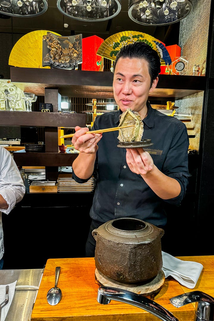 Veal sweetbreads sando; chef Taka with his abalone plus the final dish; ika ramen pre broth. Maido restaurant takahisa japanese restaurant