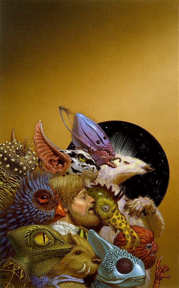 A group of aliens surround a bearded human as they strike a pose for a group photo. The aliens resemble Earth animals ranging from lizards, birds, and fish to more wildly imagined creatures.
