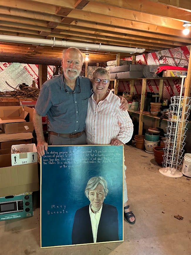 Each photo is a picture of Rob Shetterly standing with Jean and a painting on the left, and Rob with Pat and a painting of Howard Zinn on the right