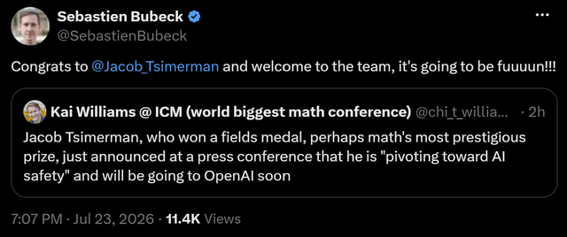 r/singularity - Fields medalist Jacob Tsimerman joins OpenAI