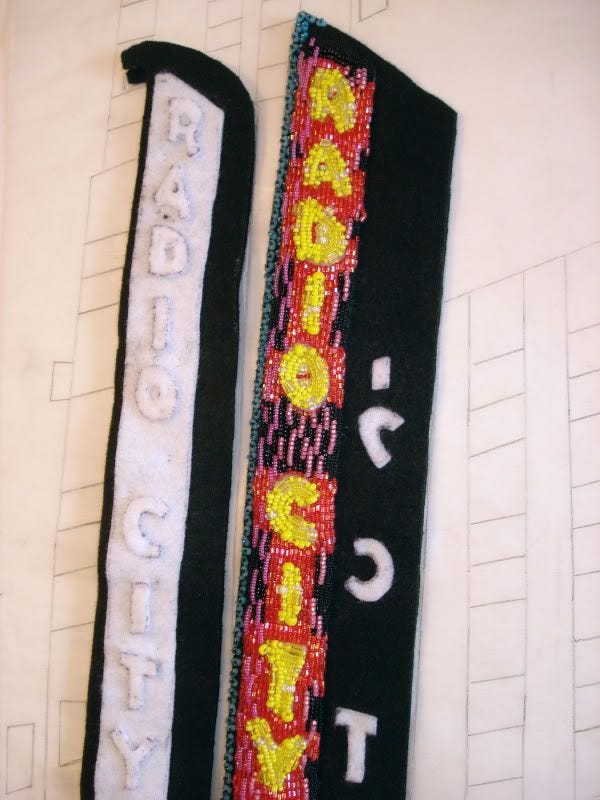 beaded Radio City Music Hall mixed media painting NYC taxi pink beadwork city lights beaded Radio City Music Hall mixed media painting NYC taxi pink beadwork city lights