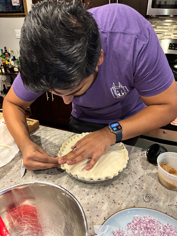 Preparing the pie's crimped edges, and the final golden brown masterpiece