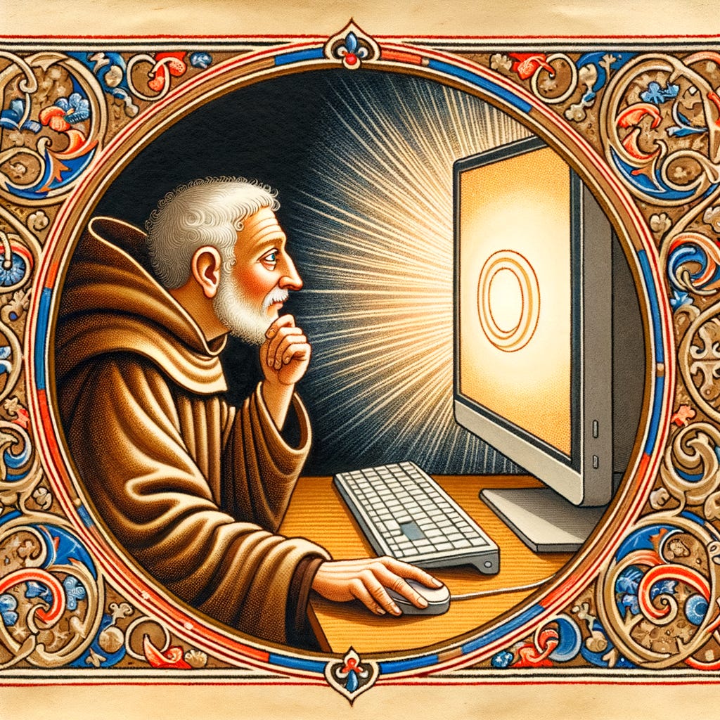 Medieval monk clicking a mouse, illuminated manuscript style