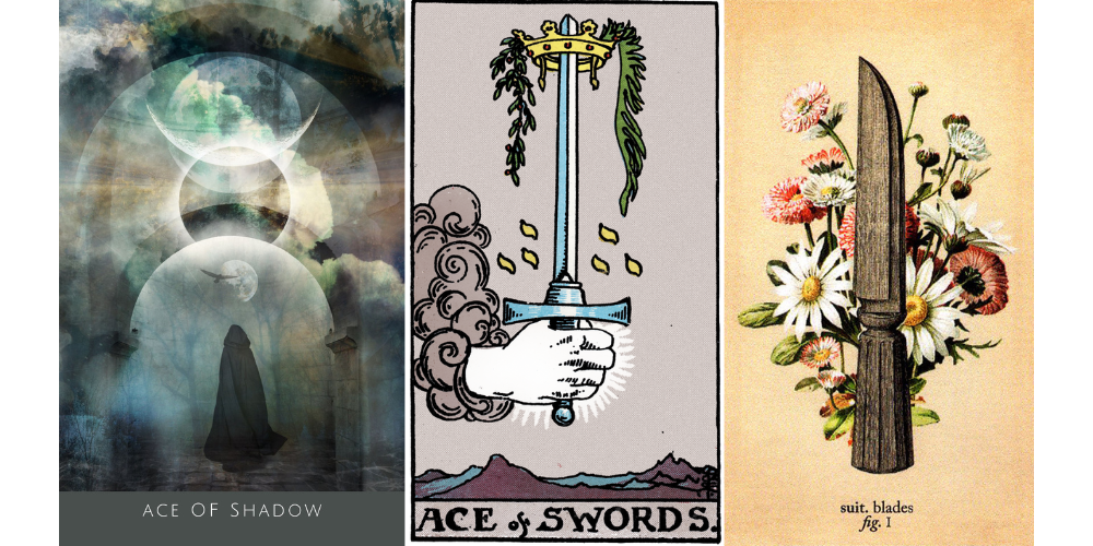 Three tarot cards representing the Ace of Swords. From left to right: the Ace of Shadow from the Remembrance Tarot showing a cloaked figure beneath ethereal moons; the Rider–Waite–Smith Ace of Swords depicting a hand emerging from a cloud holding an upright sword crowned with laurels; and the Antique Anatomy Tarot Ace of Blades, featuring a knife surrounded by blooming flowers. Three tarot cards representing the Ace of Swords. From left to right: the Ace of Shadow from the Remembrance Tarot showing a cloaked figure beneath ethereal moons; the Rider–Waite–Smith Ace of Swords depicting a hand emerging from a cloud holding an upright sword crowned with laurels; and the Antique Anatomy Tarot Ace of Blades, featuring a knife surrounded by blooming flowers.