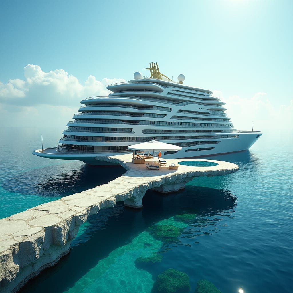 A sleek, floating modern 20-story hotel in the shape of a cruise ship as on jamaicas sea with a bridge across to land, its Protruding windows, multiple swimming suspending above ground and on the ground merging into sea. platforms create a dynamic, futuristic aesthetic, evoking a sense of tropical modernity