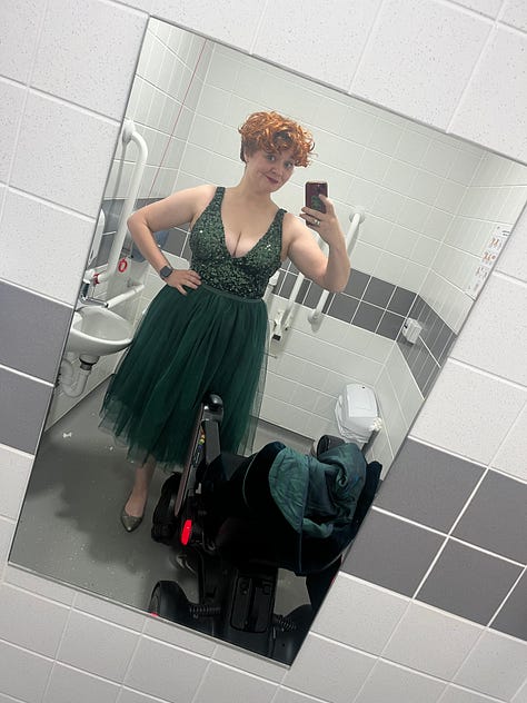 1) Hannah sits in a powerchair with pink sides, wearing a cord rainbow boilersuit and rainbow converse, on the TV on the Steph’s Packed Lunch Set. 2) Hannah dressed as Enid Sinclair, with pink wig and false rainbow nails 3) Hannah stands by her chair in a disabled loo, taking a photo in the mirror, wearing a sparkly green sleeveless v neck top and a big puffy green net skirt