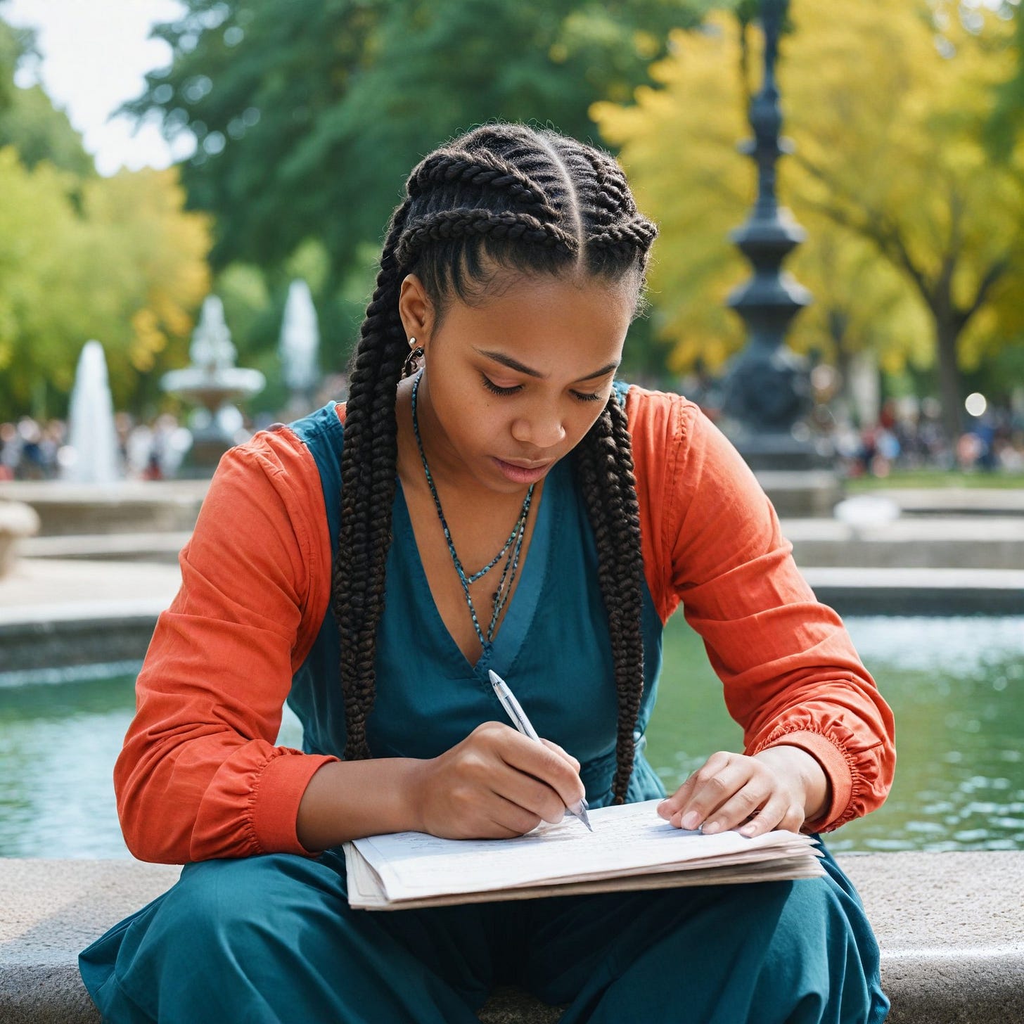 AModern Black woman with braids writing a letter, with color clothes, only 5 fingers per hand, outside in park in front of a fountain