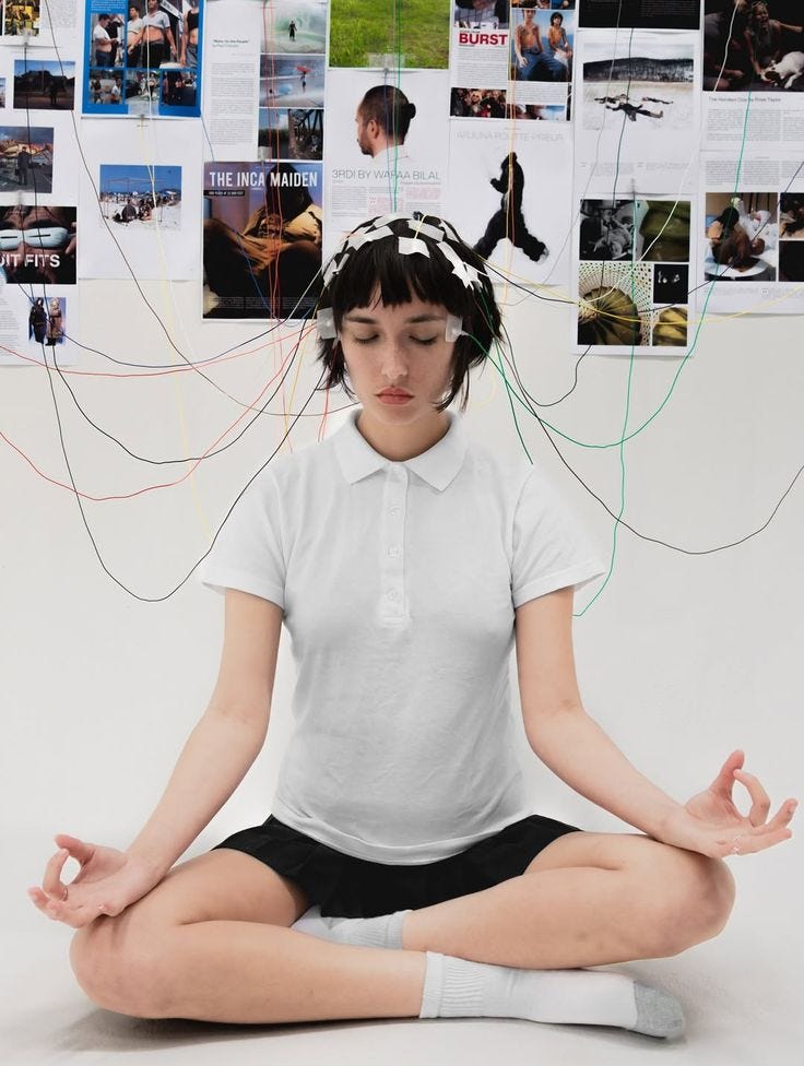 This may contain: a woman sitting in the middle of a yoga pose