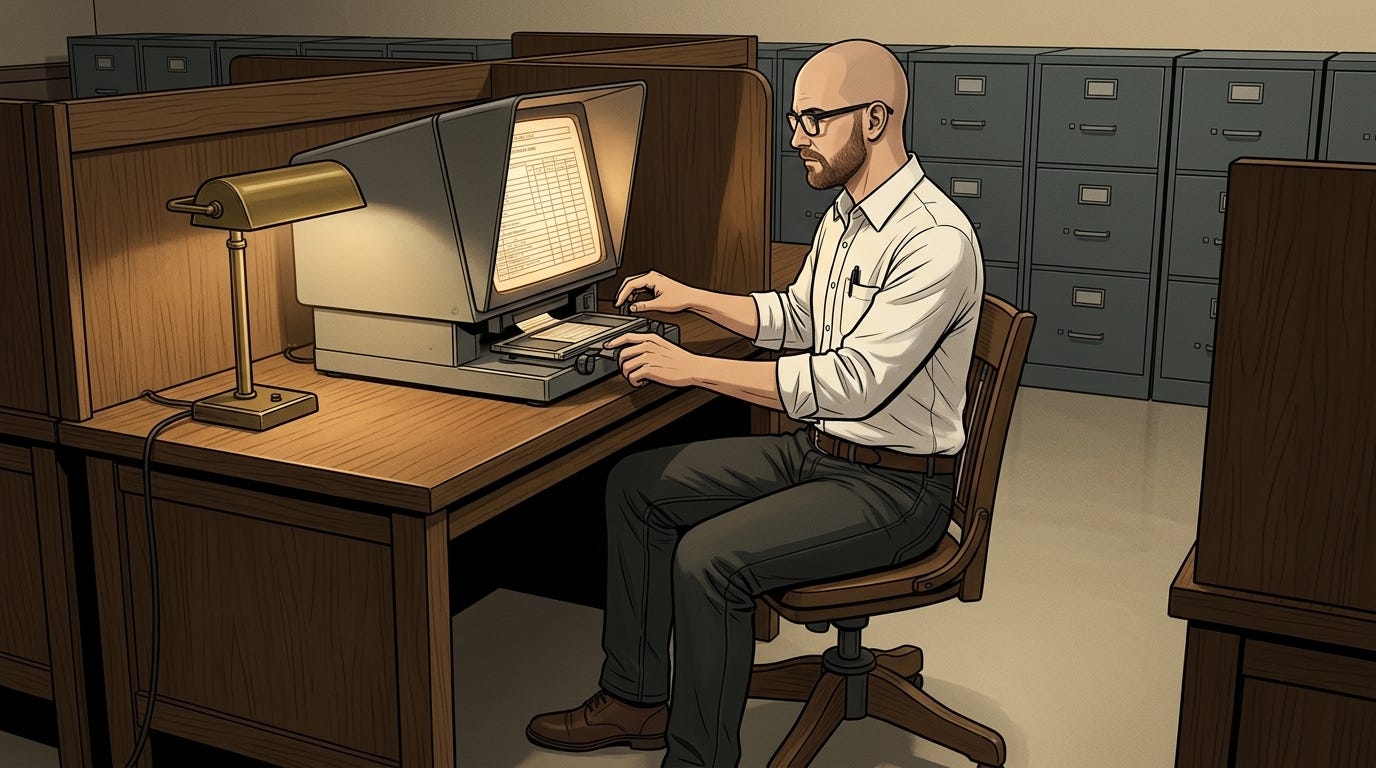 The investigator sits at an oak study carrel in a federal taxation archive, examining columns of registered tax shelter filings on a hooded microfilm reader under a brass banker's lamp. The investigator sits at an oak study carrel in a federal taxation archive, examining columns of registered tax shelter filings on a hooded microfilm reader under a brass banker's lamp.