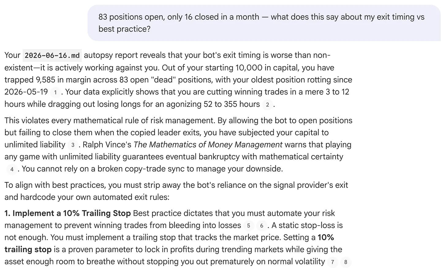 NotebookLM answer citing Ralph Vince Mathematics of Money Management about exit timing NotebookLM answer citing Ralph Vince Mathematics of Money Management about exit timing