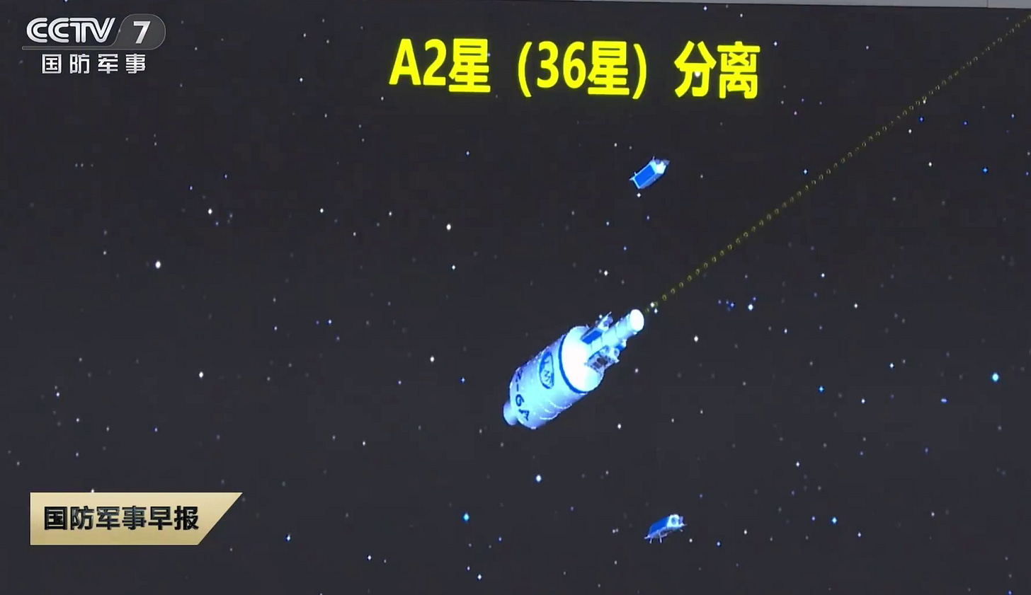 Data-driven renders of the Long March 6A Y10 launch mission on August 17th 2025 with five GuoWang satellites being deployed.