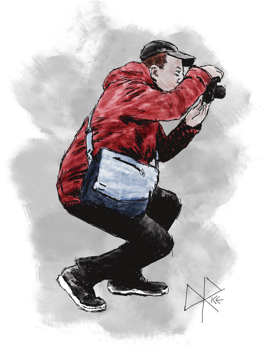 A man crouches while looking through the viewfinder of his DSLR camera, seeking the best framing. Sketch art by Don Rice. A man crouches while looking through the viewfinder of his DSLR camera, seeking the best framing. Sketch art by Don Rice.