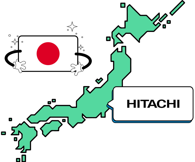 Map of Japan with a pin marking the location of the Hitachi Design Center.