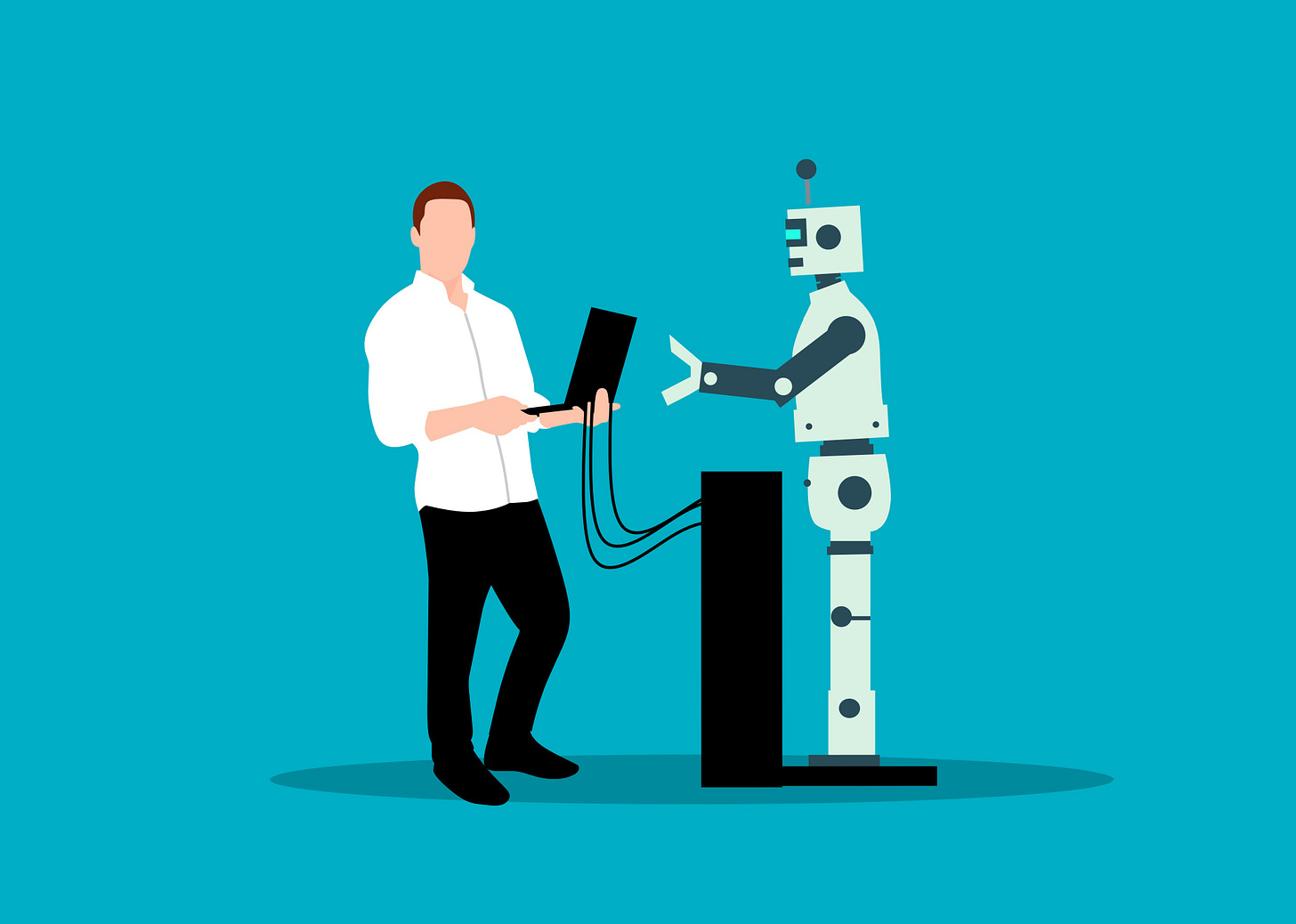 robot helping man with laptop