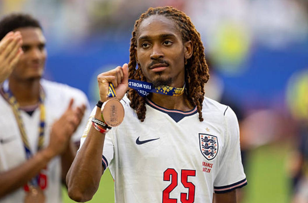 Djed Spence #25 of England displays his bronze medal after the FIFA World Cup 2026 Bronze Final between France and England at Miami Stadium on July 18, 2026 in Miami Gardens, United States. (Photo by Eston Parker/ISI Photos/ISI Photos via Getty Images) Djed Spence #25 of England displays his bronze medal after the FIFA World Cup 2026 Bronze Final between France and England at Miami Stadium on July 18, 2026 in Miami Gardens, United States. (Photo by Eston Parker/ISI Photos/ISI Photos via Getty Images)