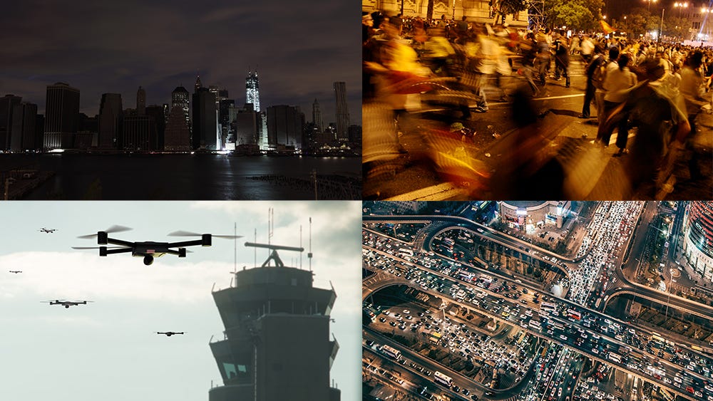 A composite of four images depicting a power outage in a city, a crowd of protesters, a swarm drones in front of a control tower, and intense gridlock on a highway