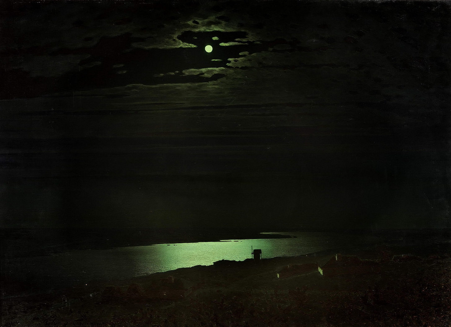 Dark, atmospheric moonlit landscape with a greenish full moon shining through clouds, casting a luminous reflection across water and a shadowy shoreline.