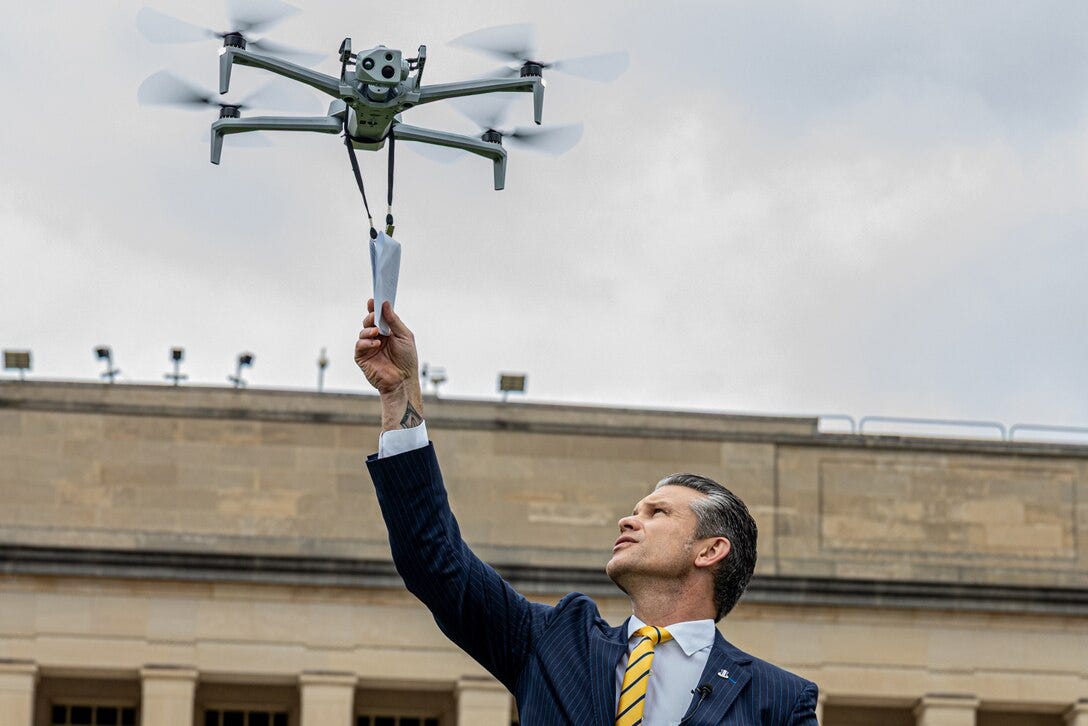 Defense Secretary Pete Hegseth hosts a drone demonstration at the Pentagon, July 10, 2025. The event showcased the secretary's drone dominance initiative. Marine Corps Photo by Lance Cpl. Isaac Llanez Delgado