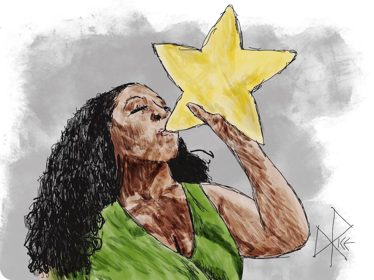 Anthropomorphic representation of our planet, looking lovely and soaking in some solar power by raising a star to her lips and taking a healthy drink. Sketch art by Don Rice.