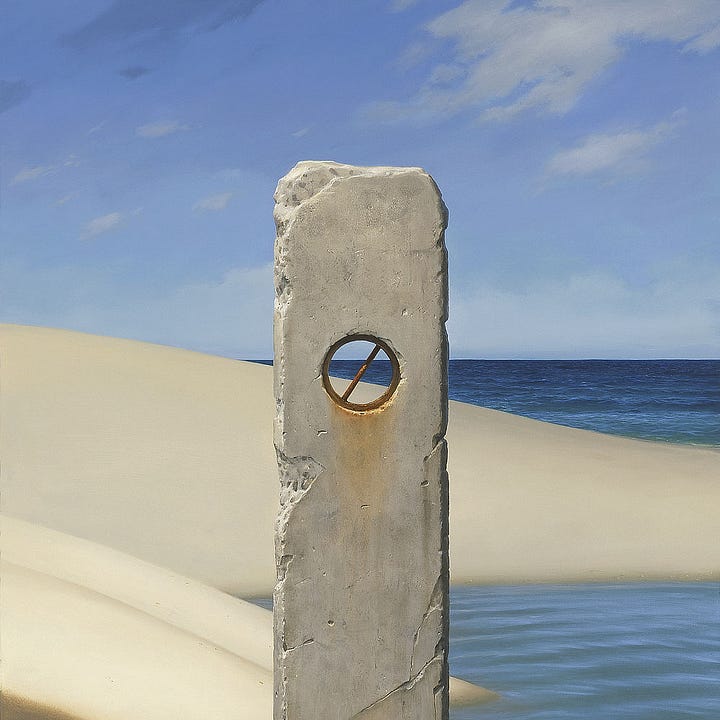 LEFT: Detail from EYE featuring the top of a smooth stone piling. A circle of rusted iron provides a view through to the coast and horizon, but the peephole is bisected by a diagonal line, not a crosshair for aiming but suggestive of a "no" symbol. RIGHT: Detail from EYE featuring the base of a concrete piling. Water pools over the smooth sand with pebbles settling on the perimeter. The tide has left similar markings at the water's edge.
