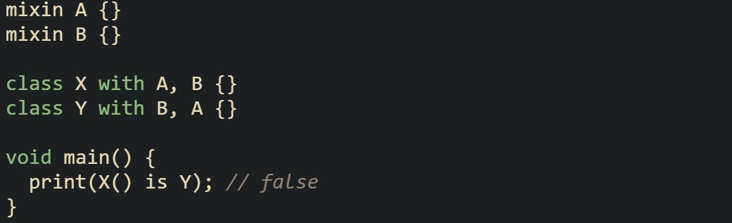 mixin A {} mixin B {}  class X with A, B {} class Y with B, A {}  void main() {   print(X() is Y); // false }