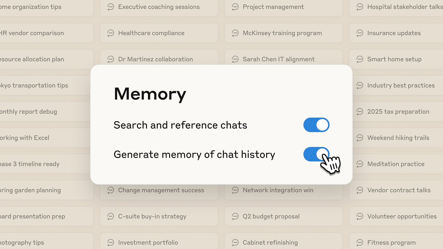 A Memory settings modal in Claude's interface shows two enabled toggle switches: "Search and reference chats" and "Generate memory of chat history."