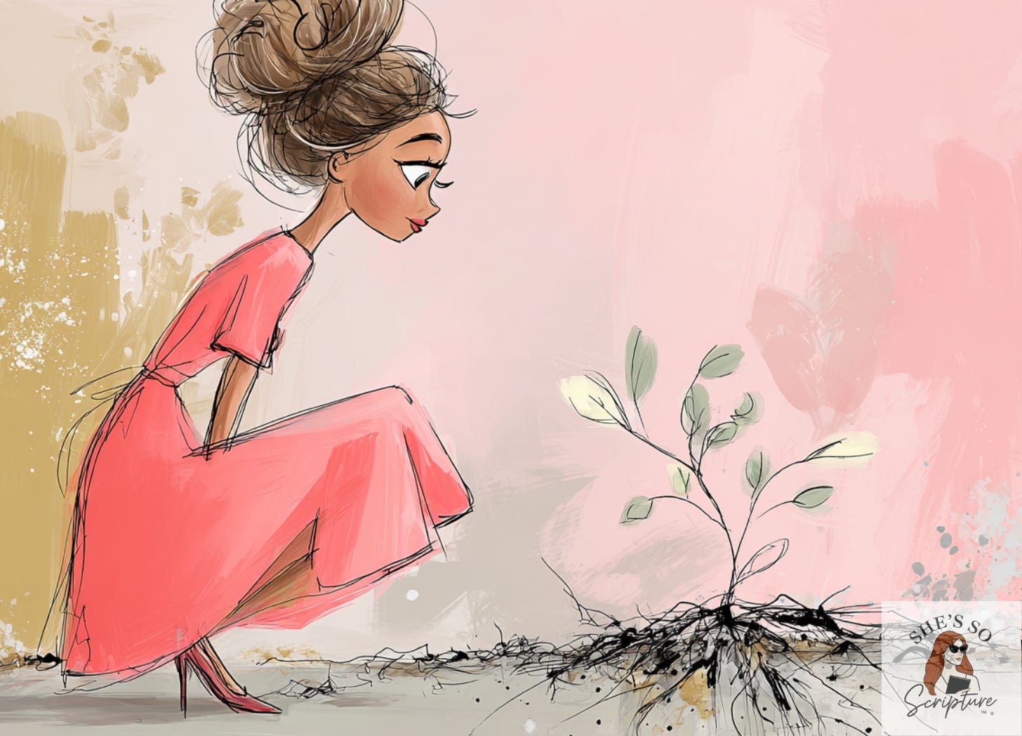 A watercolor-style illustration of a small green sprout above the soil with deep roots spreading beneath the surface, symbolizing hidden growth and spiritual formation.