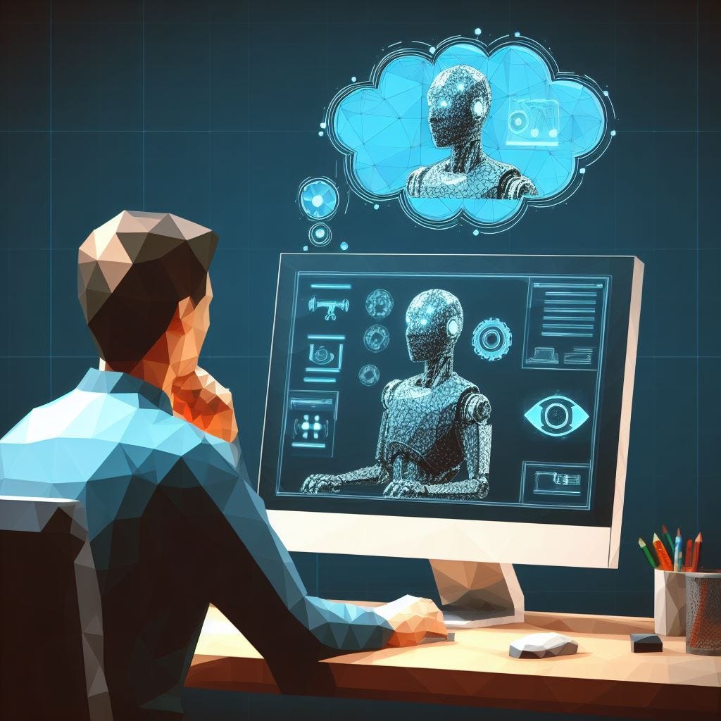Low poly. A person sitting at a desk looking at a computer screen. On the screen is an image of a robot with a thought bubble containing symbols representing artificial intelligence and visual perception.