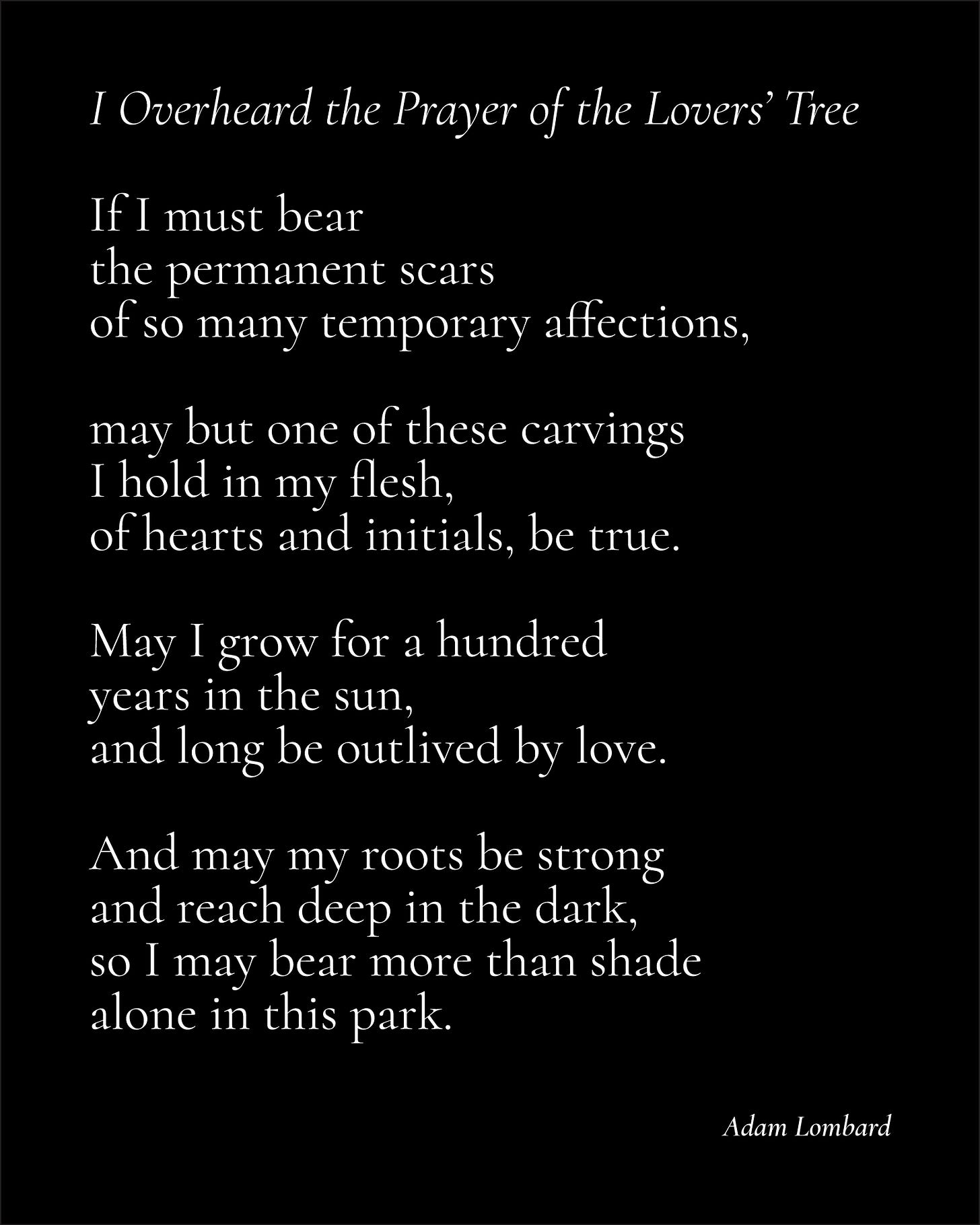 A poem in white text on a black card. It reads: "I Overheard the Prayer of the Lovers' Tree — If I must bear  the permanent scars of so many temporary affections,  may but one of these carvings I hold in my flesh, of hearts and initials, be true.  May I grow for a hundred years in the sun, and long be outlived by love.  And may my roots be strong and reach deep in the dark, so I may bear more than shade alone in this park. — Adam Lombard"