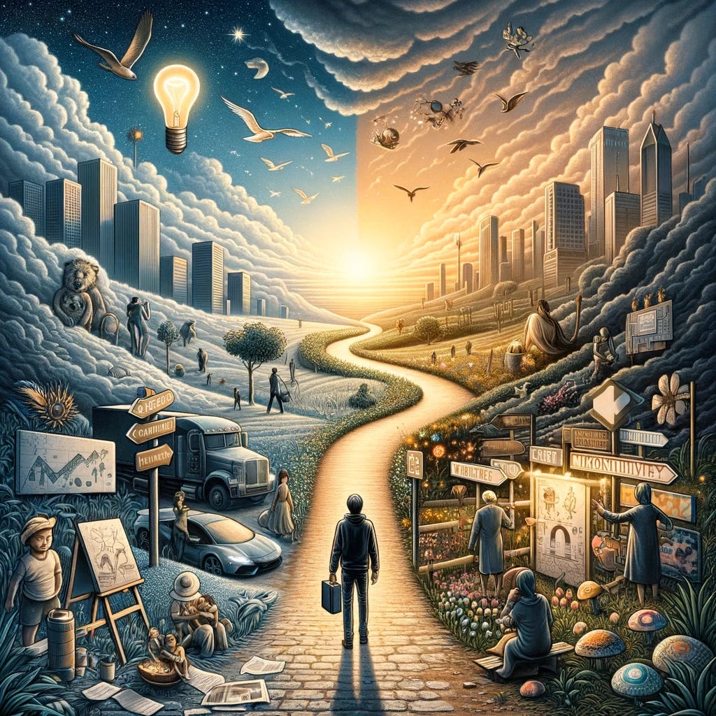 The image captures the essence of a heartfelt letter discussing the transition from childhood to adulthood, the burden and beauty of responsibilities, and finding one's purpose amidst societal pressures. It should illustrate the contrast between individual potential and societal expectations, embodying themes of productivity, purpose, and personal growth. The visual narrative intertwines elements of childhood innocence with adult responsibilities, showing symbols of creativity and innovation (like a light bulb or a canvas) alongside those of commitment and care (like hands holding or a small plant growing). It portrays a figure standing at a crossroads, symbolizing the journey of self-discovery, with paths leading to different horizons representing innovation, entrepreneurship, and deep personal relationships. The background is a mix of urban and natural landscapes, illustrating the balance between professional achievements and personal fulfillment. The image should resonate with a sense of hope, illustrating the concept of finding one's identity through service to others, depicted by a gentle light illuminating the path ahead, guiding the figure towards a fulfilling life built on meaningful connections, rather than material success alone.