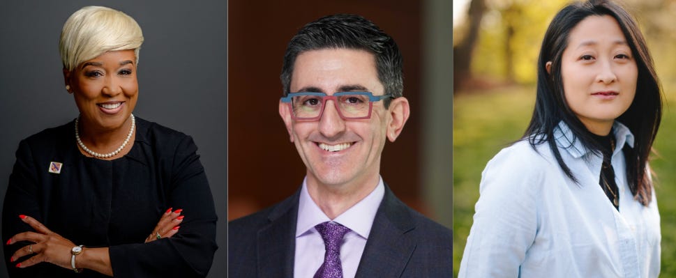 A composite of three individual portraits side by side. On the left, Dr. Shantay Grays a woman with short, platinum blonde hair wears a black blazer and a pearl necklace. The middle portrait features Dr. Jonathan Iuzzini, a man with short, dark hair and glasses with a translucent upper frame. On the right, Dr. Sylvia Lee, a woman with long black hair wears a light blue button-up shirt. A composite of three individual portraits side by side. On the left, Dr. Shantay Grays a woman with short, platinum blonde hair wears a black blazer and a pearl necklace. The middle portrait features Dr. Jonathan Iuzzini, a man with short, dark hair and glasses with a translucent upper frame. On the right, Dr. Sylvia Lee, a woman with long black hair wears a light blue button-up shirt.