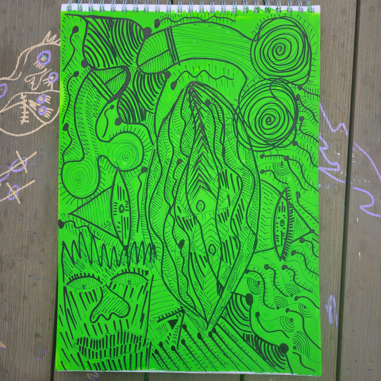 ​"Abstract ink drawing 'Body Parts 2' by FatbikeHero (2025) featuring high-contrast neon green and black lines. The artwork depicts swirling anatomical forms and includes handwritten text questioning the biological origins of tribalism."