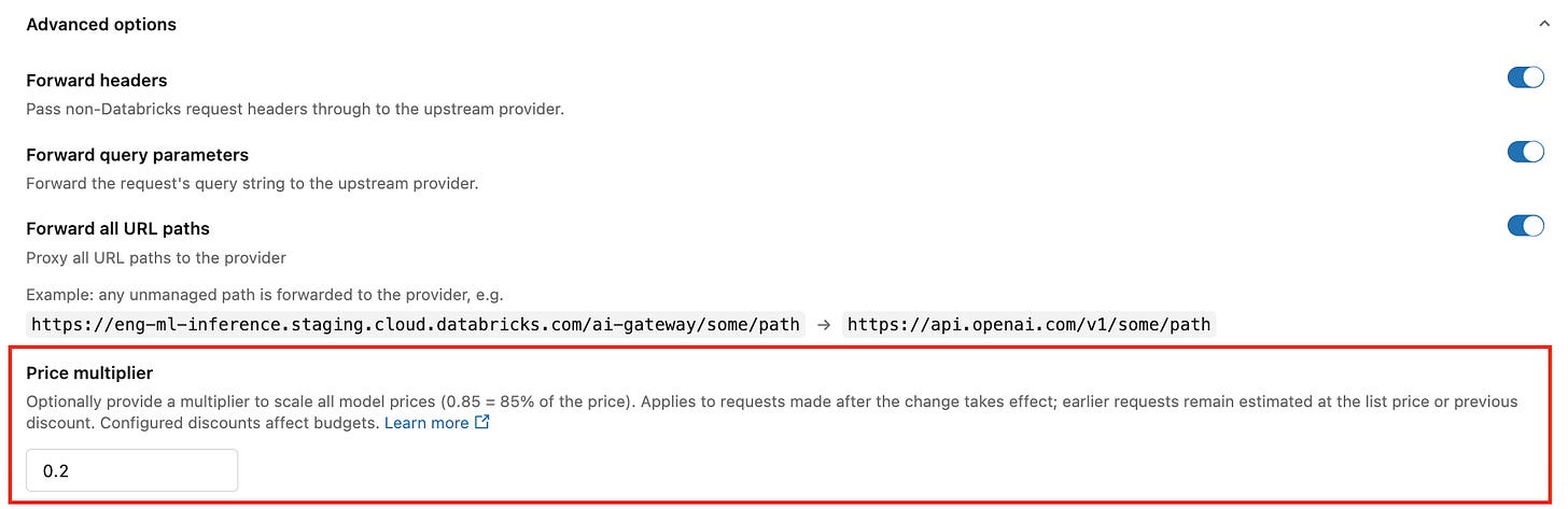 Price multiplier field under Advanced options in the Create model provider service dialog