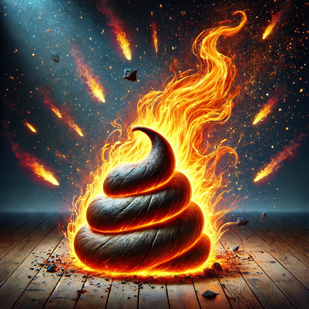 A surreal and exaggerated depiction of a flaming object resembling a turd, engulfed in bright, dynamic flames with sparks and embers flying around. The background is dark to emphasize the glow of the fire, and the flames are detailed with shades of orange, red, and yellow. The image is humorous and exaggerated in style, avoiding anything realistic or graphic.