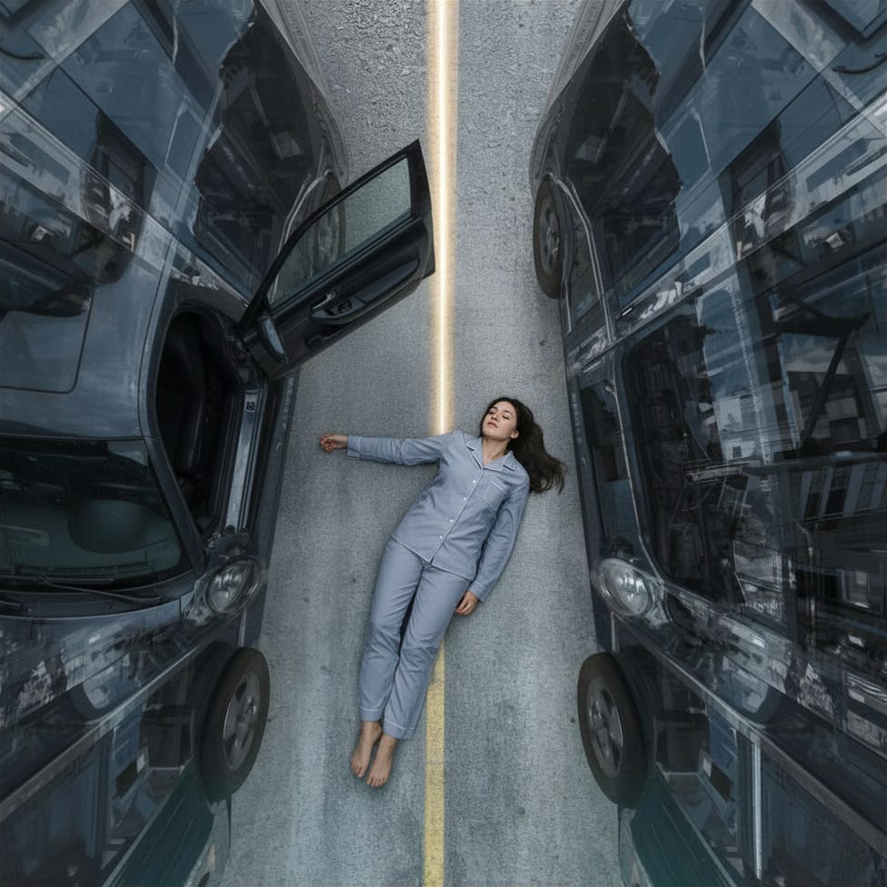 An overhead view of a woman lying on grey pavement between two cars, head tilted back, arms outstretched, with a single vertical shaft of pale golden light cutting down from above, illuminating the space between the vehicles.