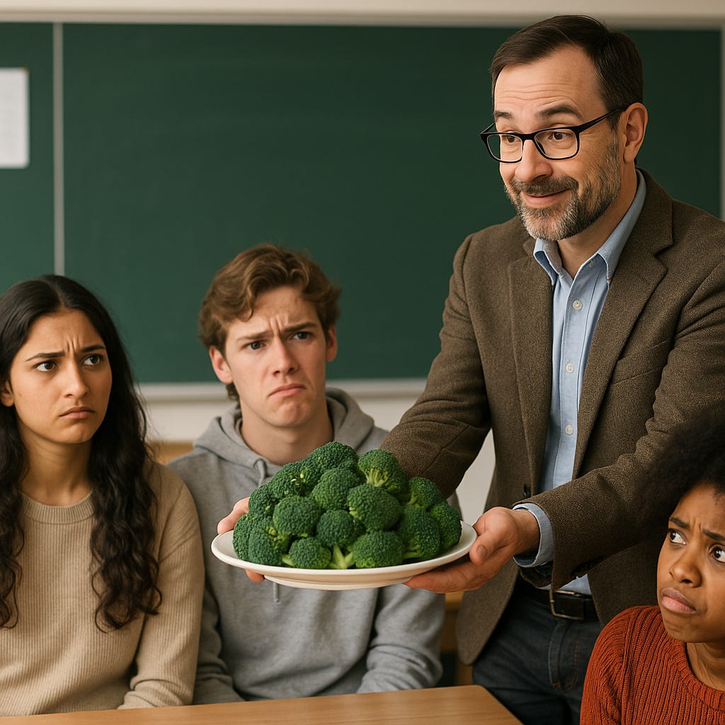 An AI generated image of a teacher serving broccoli to some skeptical students