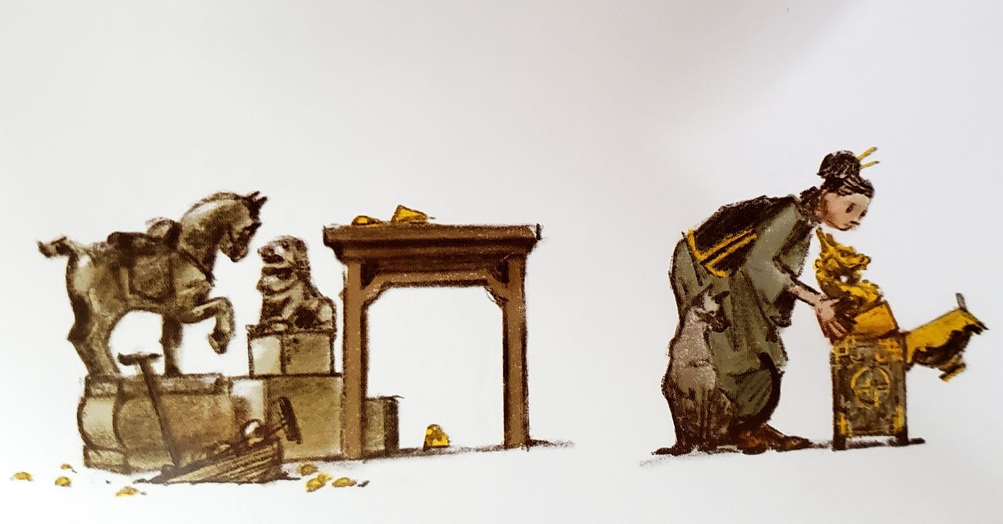 image of an Asian woman packaging a statue of a golden dog.