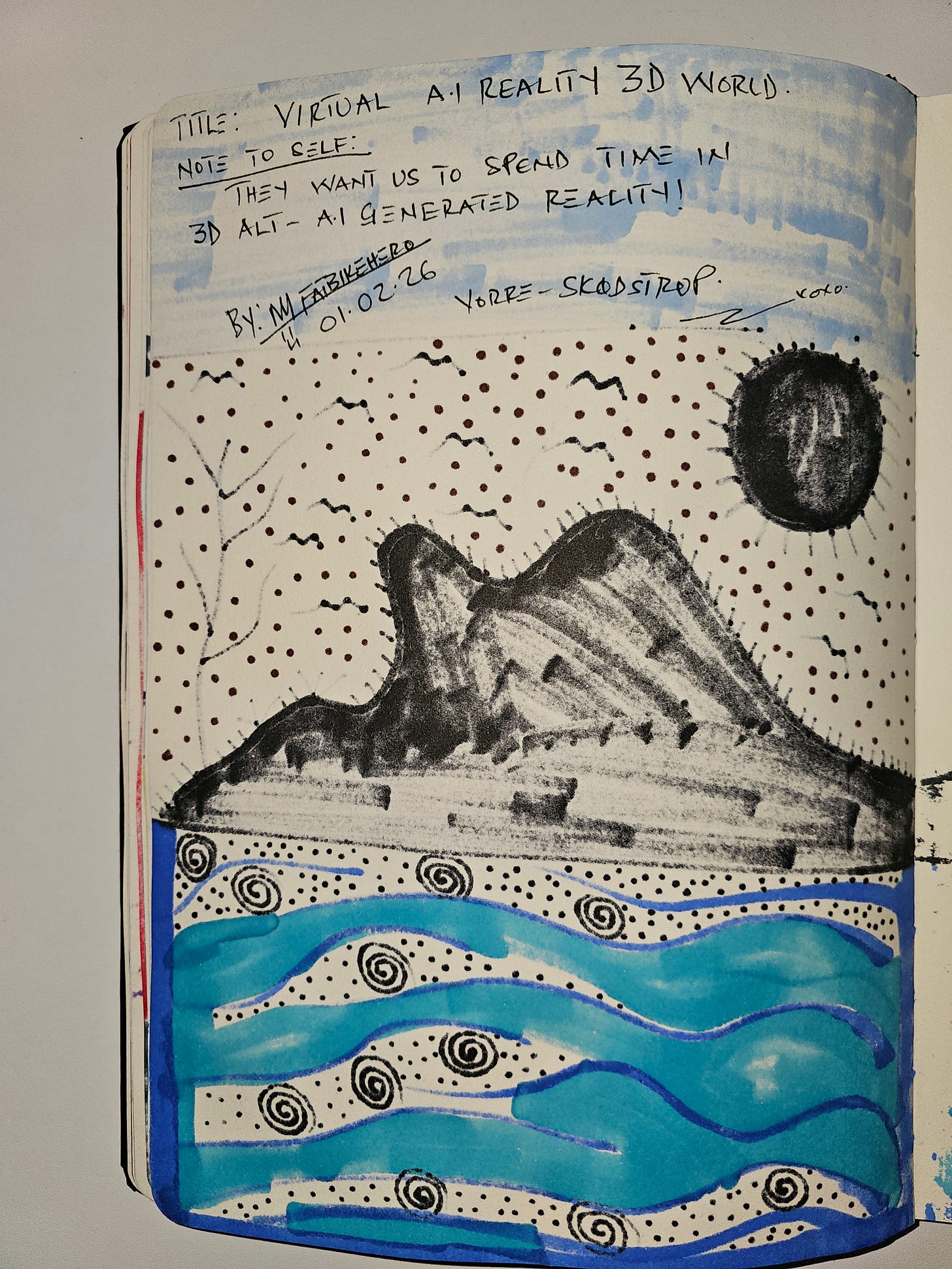 Handwritten note by artist FatbikeHero on sketchbook paper reading "THEY WANT US TO SPEND TIME IN 3D ALT - A.I. GENERATED REALITY," dated 01.02.26.