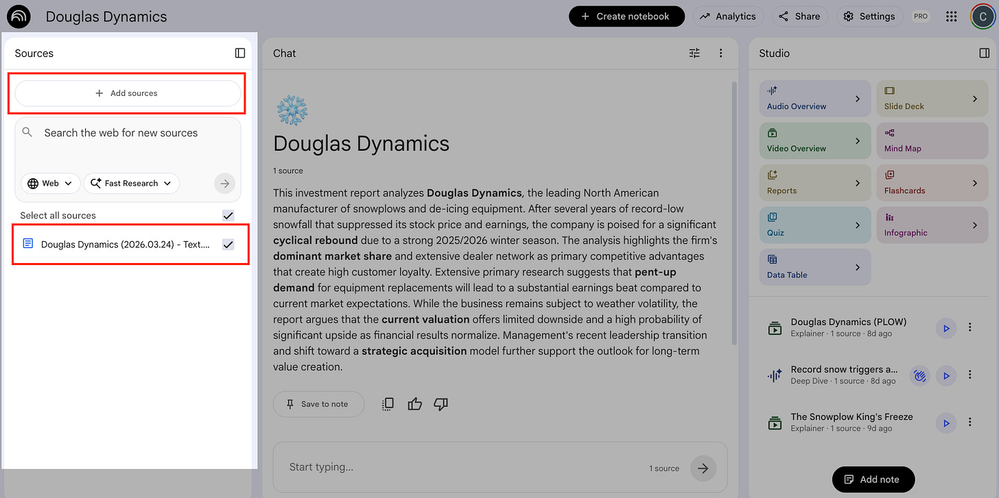 NotebookLM and Gemini analyzing a research report on Douglas Dynamics (PLOW)