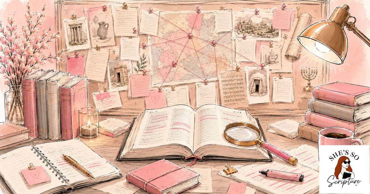 Whimsical illustration of a Bible study workspace with an open Bible, magnifying glass, research notes, and a detective-style evidence board connected by red string, representing the investigation of biblical passages and their context.